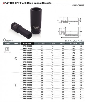 Головка торцевая ударная длинная 1/2" 30мм TOPTUL KABE1630